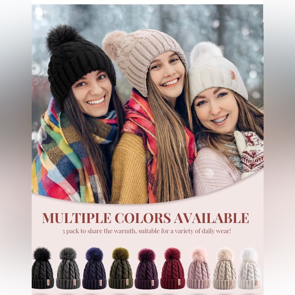 2024 3 PCS Womens Beanie with Pom Pom,